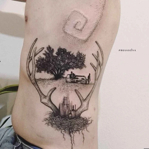 Sketch Antlers, Tree tattoo on Side
