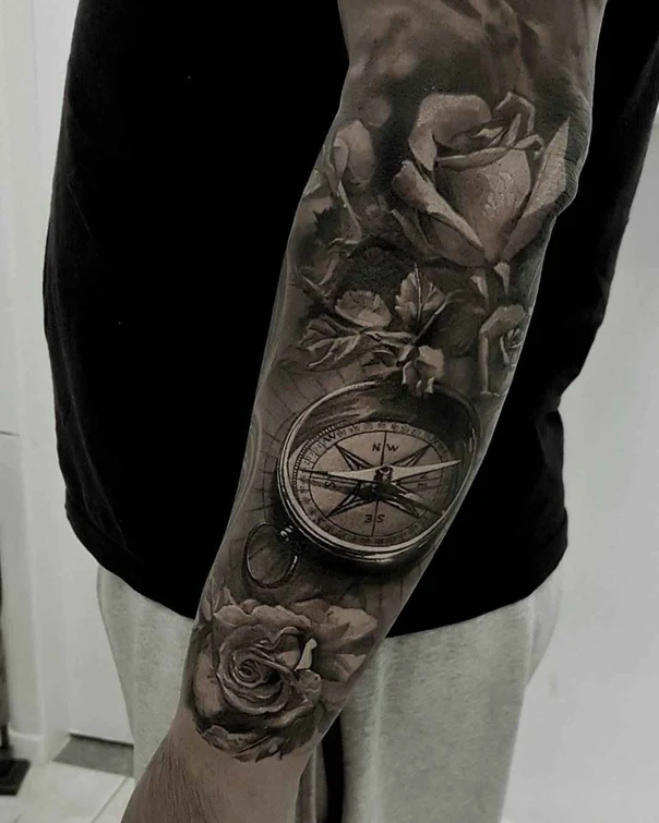 Realism Compass, Rose tattoo on Forearm