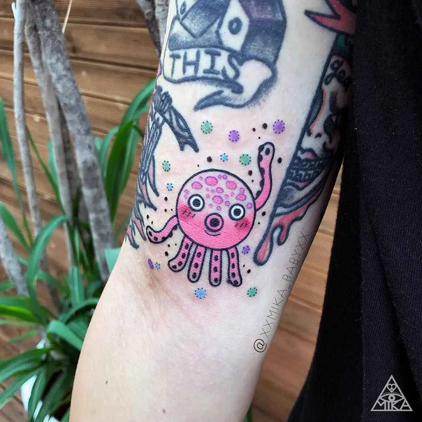 Cartoon Octopus, Dots tattoo on Forearm