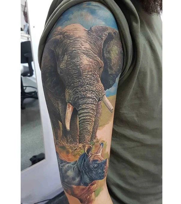 Realism Elephant, Rhino tattoo on Full Sleeve