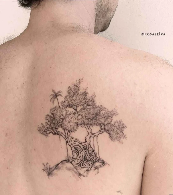 Sketch Tree, Landscape tattoo on Upper Back