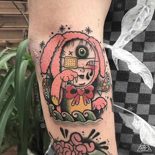 New School Bunny, Bow tattoo on Forearm
