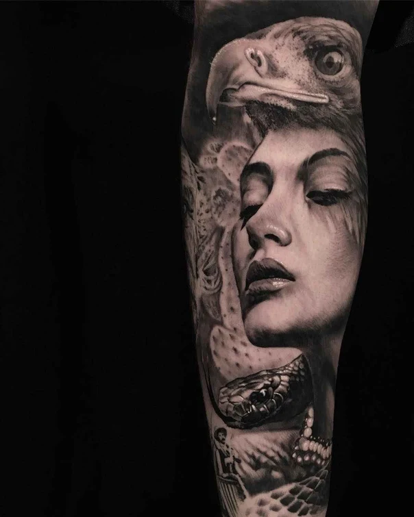 Realism Woman, Eagle tattoo on Forearm