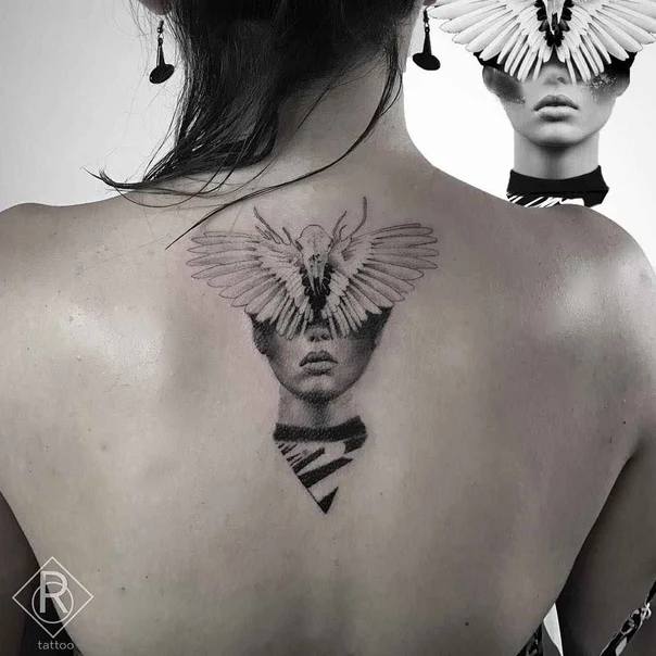 Black & Grey Wings, Face tattoo on Upper Back