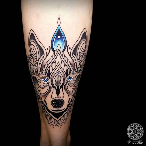 Ornamental Wolf, Mandala tattoo on Calf