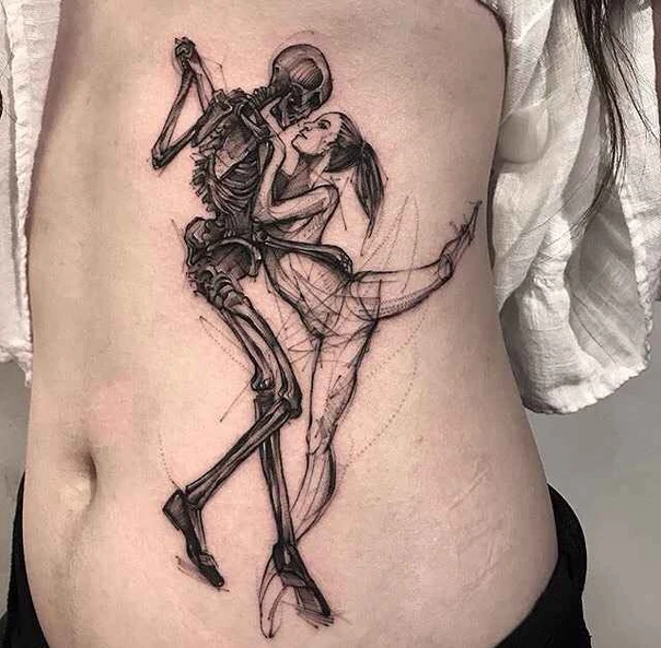 Sketch Skeleton, Couple tattoo on Ribcage