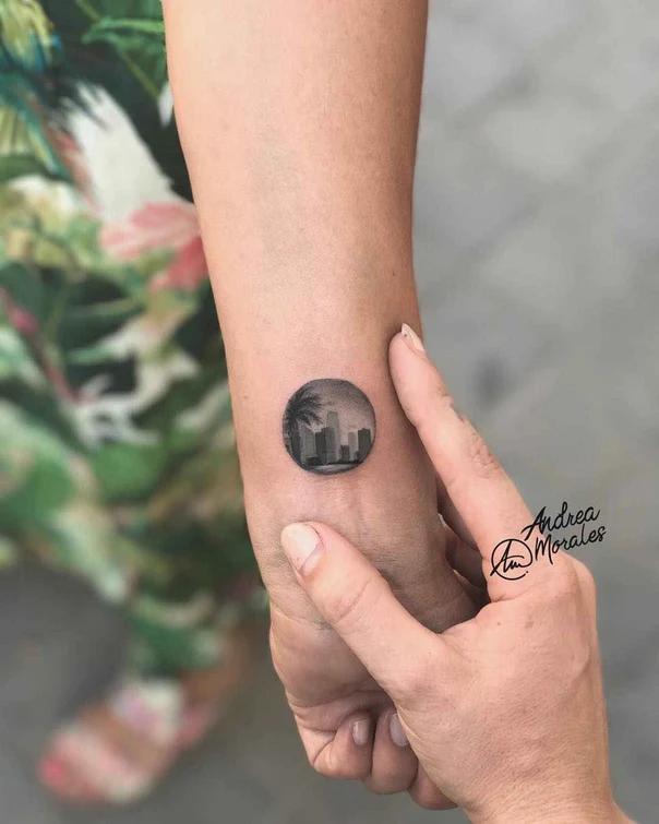Black & Grey Cityscape, Palm tree tattoo on Wrist