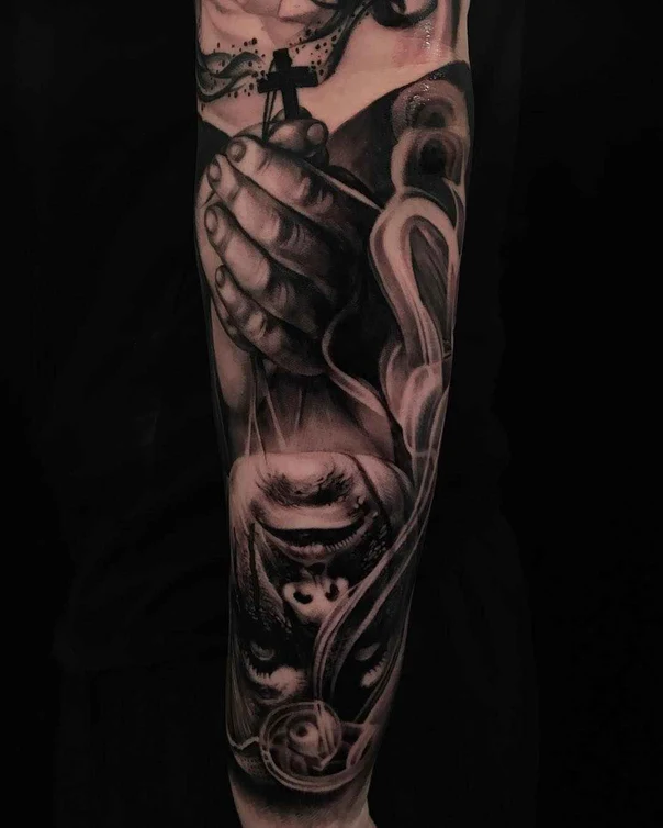 Realism Hands, Cross tattoo on Full Sleeve