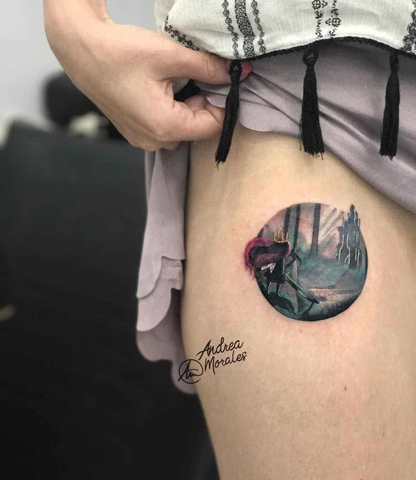 Illustrative Character, Landscape tattoo on Thigh