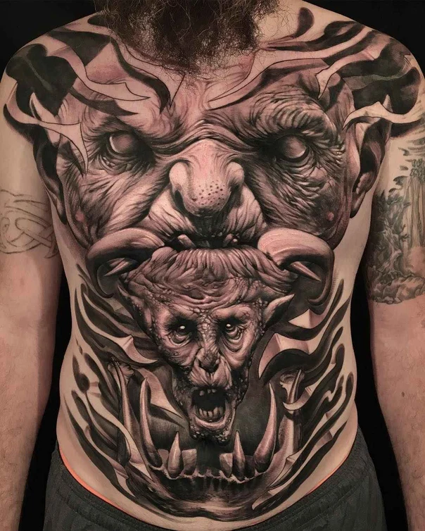 Realism Demon, Monster tattoo on Chest