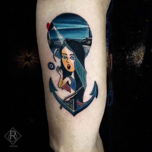 Illustrative Anchor, Woman tattoo on Thigh