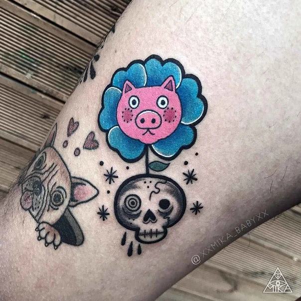 New School Skull, Flower tattoo on Thigh