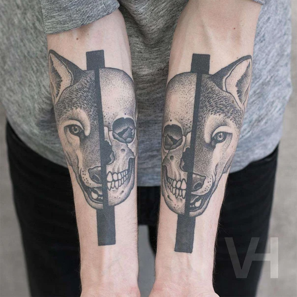 Blackwork Skull, Wolf tattoo on Forearm