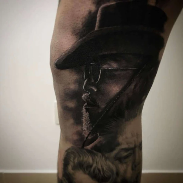 Black & Grey Portrait tattoo on Thigh