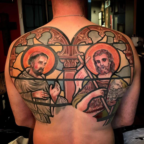 Illustrative Religious, Portrait tattoo on Full Back