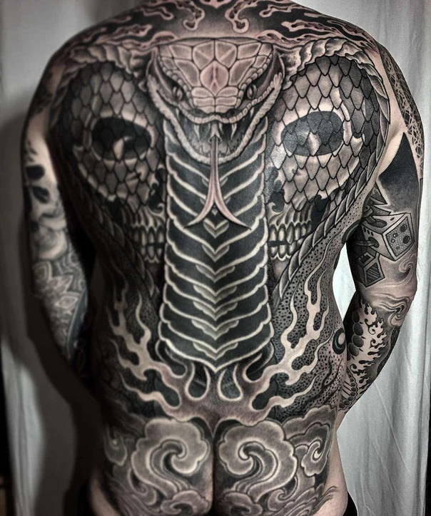 Blackwork Snake, Skull tattoo on Full Back