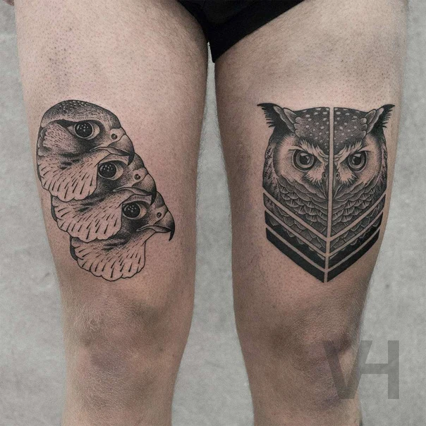 Blackwork Owl, Bird tattoo on Thigh