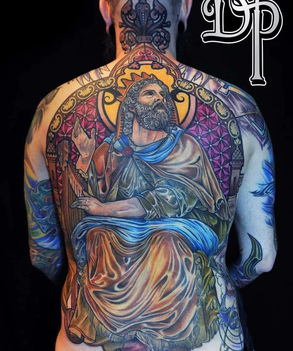 Realism Religious, Stained glass tattoo on Full Back