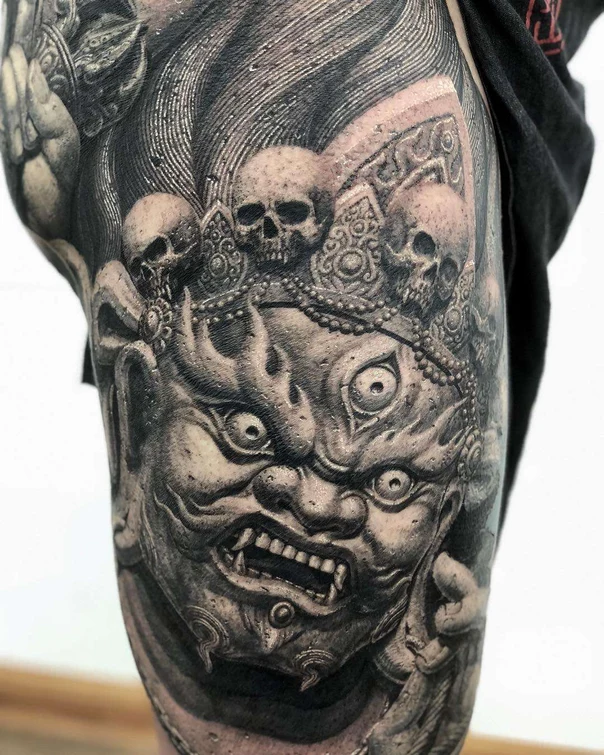 Black & Grey Demon, Skull tattoo on Thigh