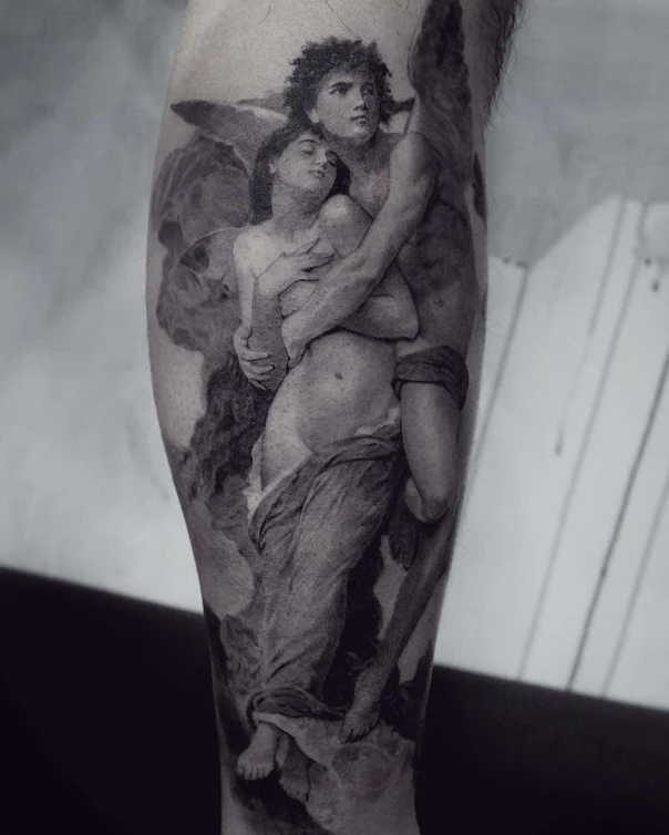 Realism Figure, Angel tattoo on Calf