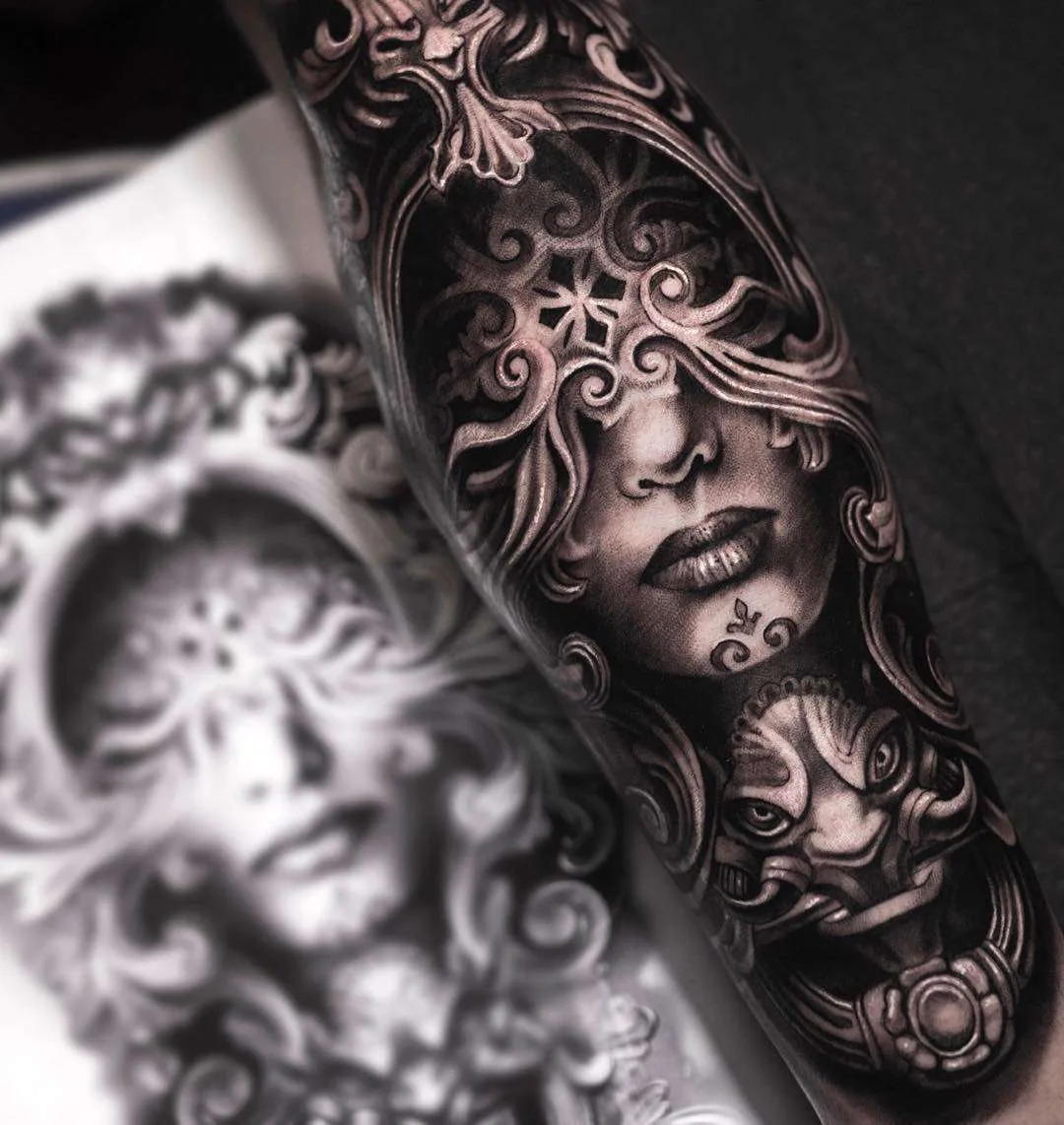 Tattoo artist Mumia, authors style black&grey portrait surrealistic realism tattoo | Denmark