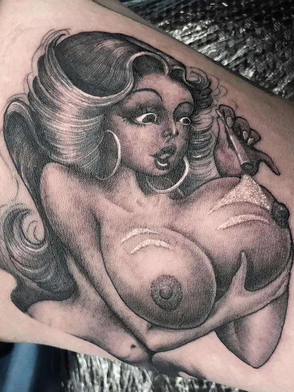 female black and grey black and grey tattoo on thigh #22525 | Tattoo Artist Ben Grillo