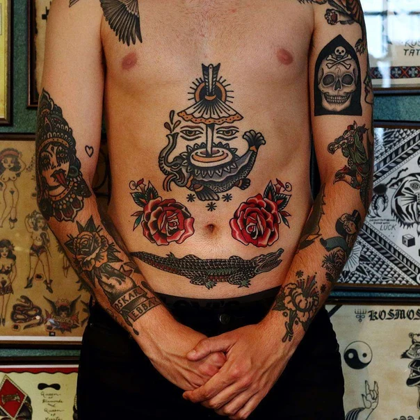 Traditional Rose, Crocodile tattoo on Chest