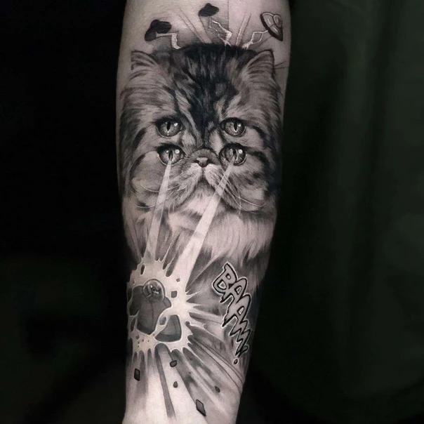 Realism Cat, Comic tattoo on Forearm