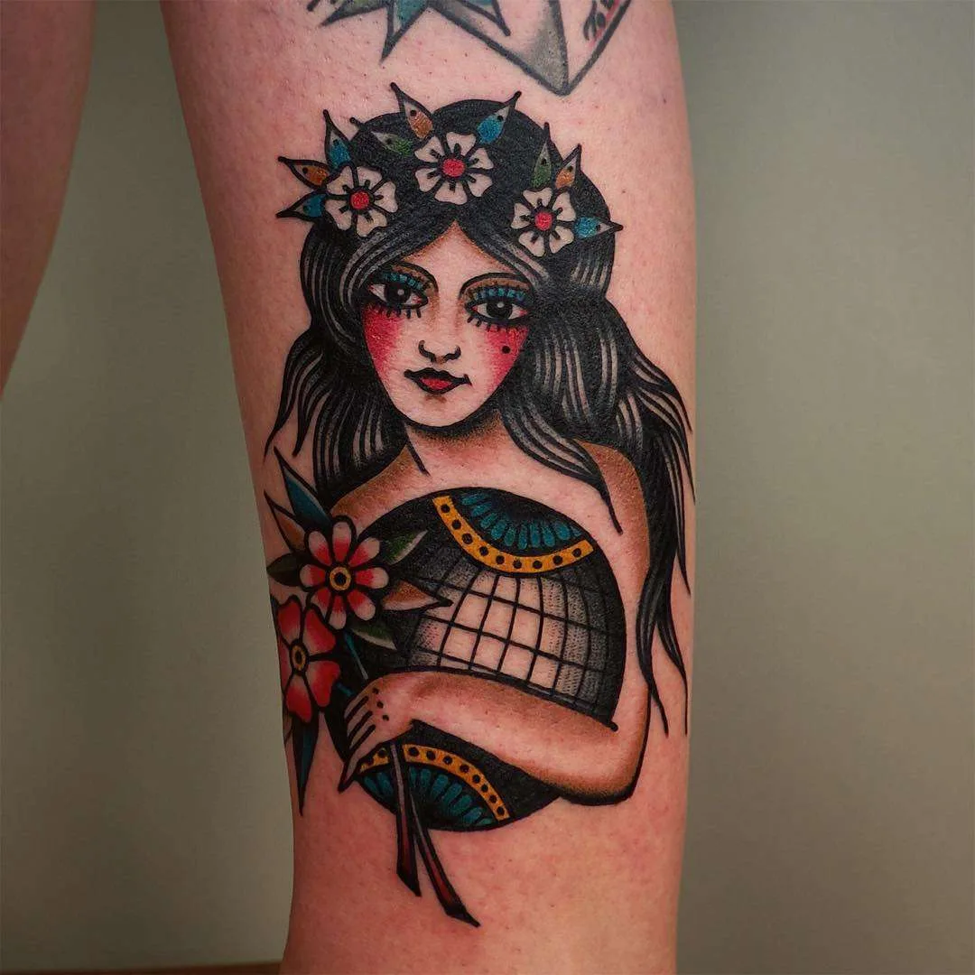 Tattoo artist Electric Martina, color traditional old school tattoo | Sweden