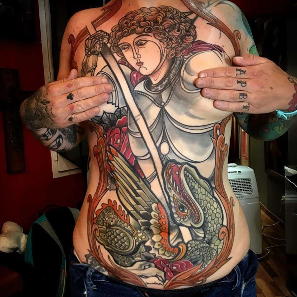 Neo Traditional Angel, Snake tattoo on Stomach
