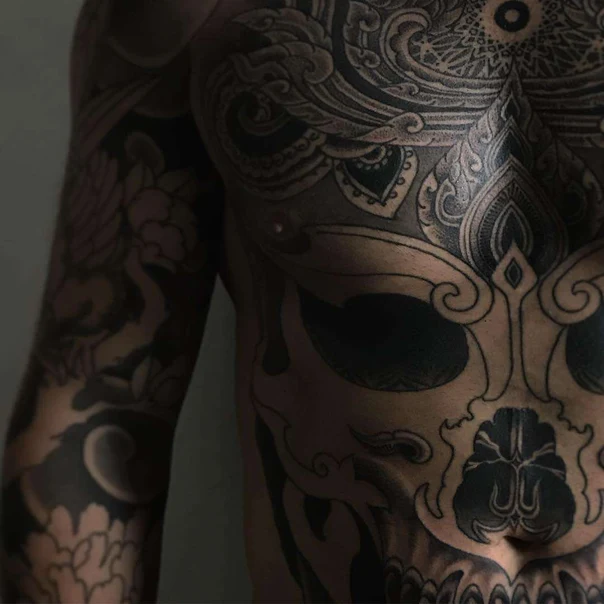 Blackwork Skull, Mandala tattoo on Chest