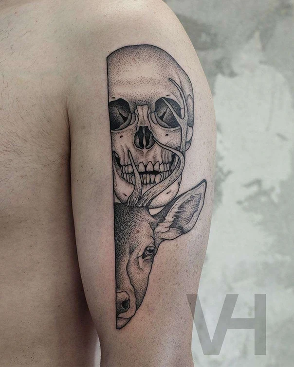 Blackwork Skull, Deer tattoo on Upper Arm