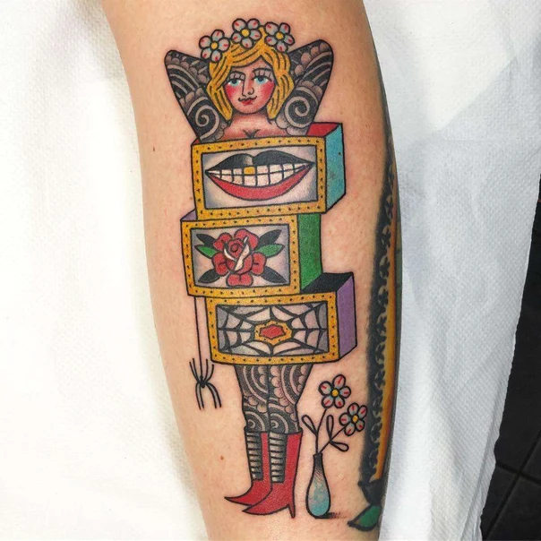 Neo Traditional Woman, Rose tattoo on Calf