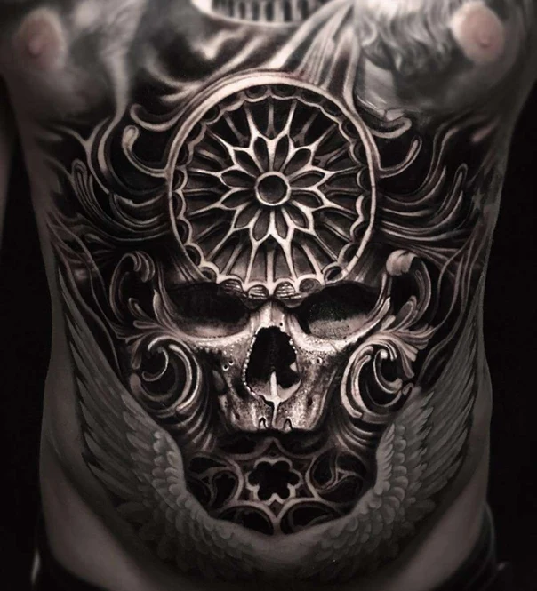 Black & Grey Skull, Wings tattoo on Stomach