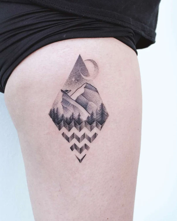 Geometric Mountain, Moon tattoo on Thigh