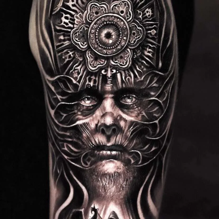 Tattoo artist Mumia, authors style black&grey portrait surrealistic realism tattoo | Denmark