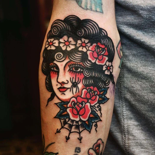 Traditional Woman, Flowers tattoo on Forearm