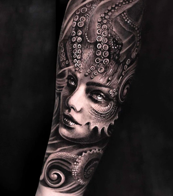 Black & Grey Octopus, Portrait tattoo on Forearm