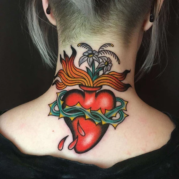 Traditional Heart, Flowers tattoo on Back of neck