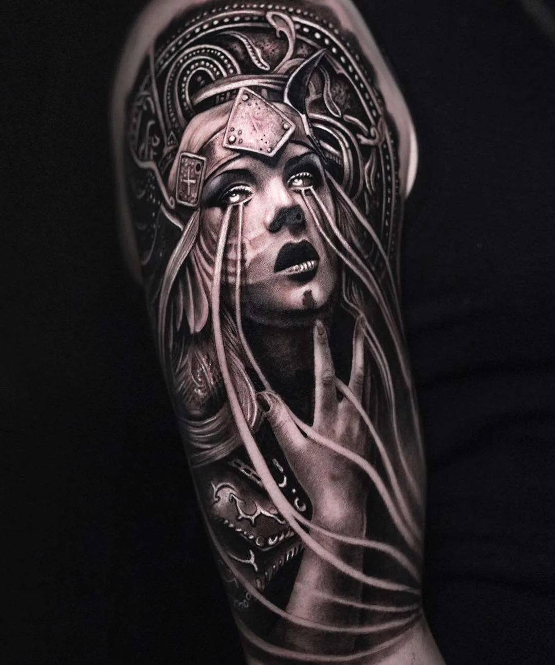 Tattoo artist Mumia, authors style black&grey portrait surrealistic realism tattoo | Denmark
