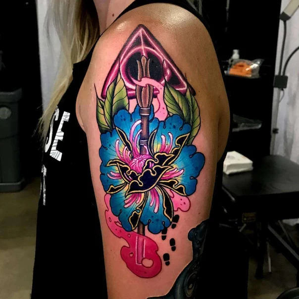 Neo Traditional Flower, Key tattoo on Upper Arm
