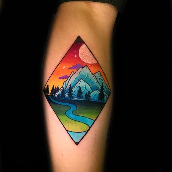 Illustrative Mountain, Landscape tattoo on Calf