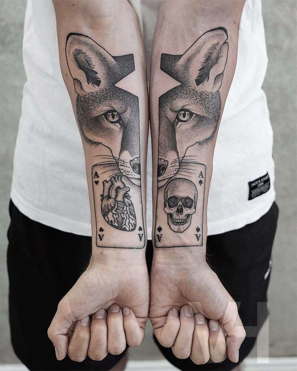 Black & Grey Fox, Skull tattoo on Forearm