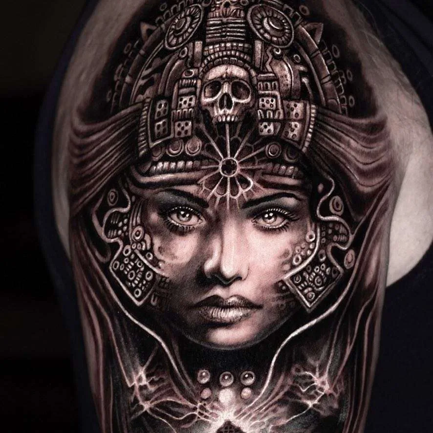 Tattoo artist Mumia, authors style black&grey portrait surrealistic realism tattoo | Denmark
