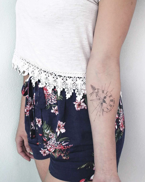 Fineline Clock, Bird tattoo on Forearm