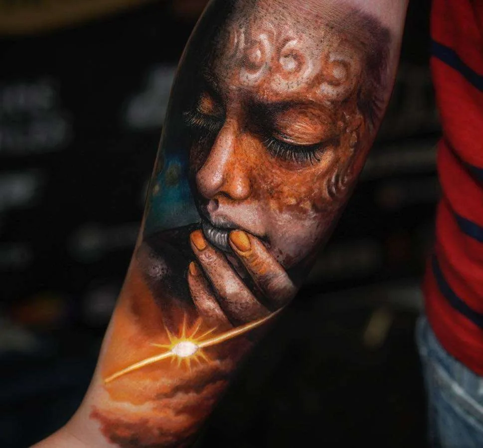 Tattoo artist Yomico Moreno, authors style color portrait realism, surrealism | USA