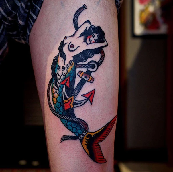 Traditional Mermaid, Anchor tattoo on Thigh