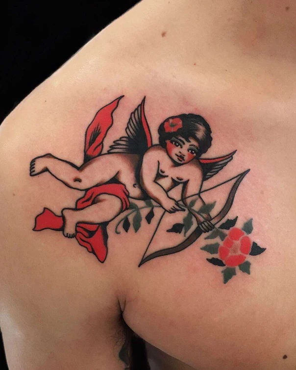 Old School Cherub, Bow and arrow tattoo on Chest