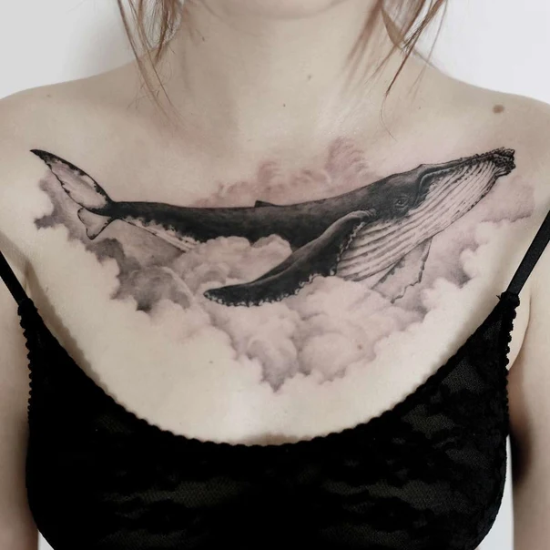 Realism Whale, Clouds tattoo on Chest