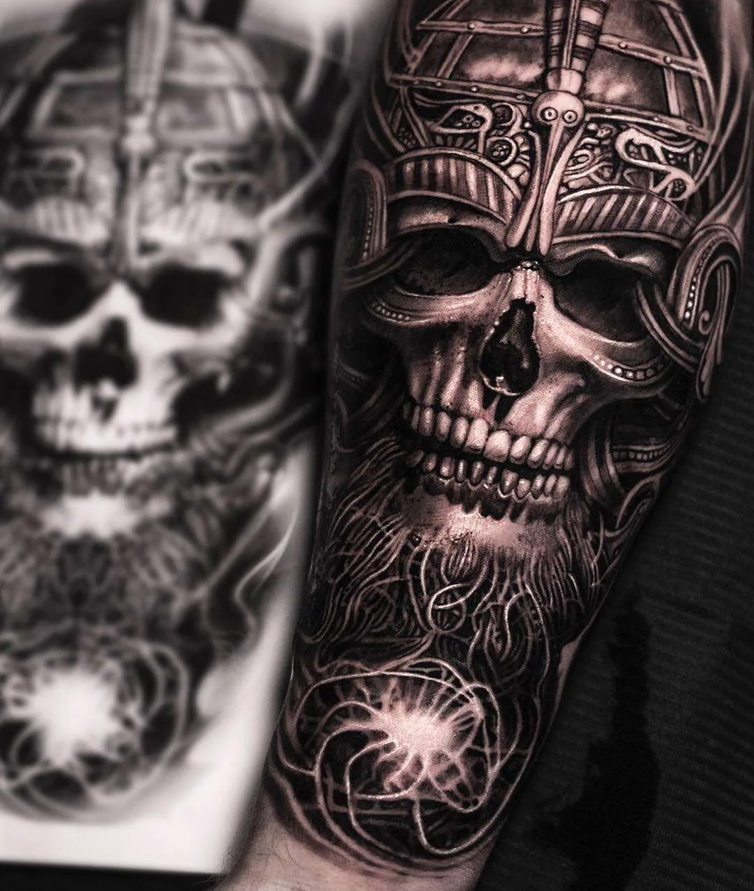 Tattoo artist Mumia, authors style black&grey portrait surrealistic realism tattoo | Denmark